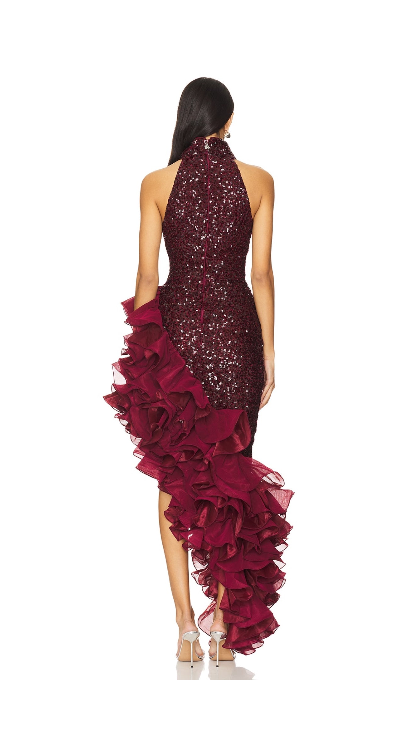 Women's Red Ruffled Sequined Midi Dress